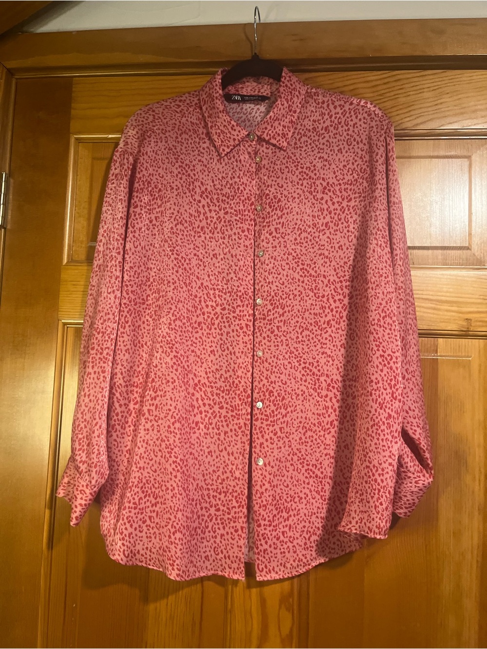 ZARA Pink Leopard Animal Print Oversized Button Down Blouse